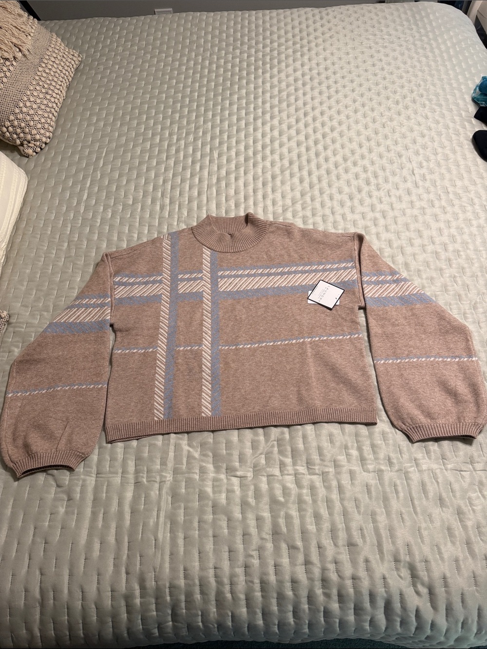 Laundry By Shelli Segal Soft Beige Turtleneck Sweater with Blue & Cream Stripes